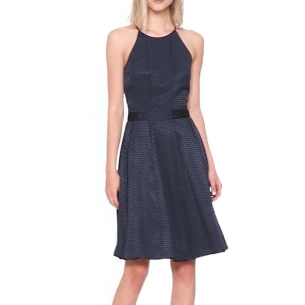 Banana Republic Navy Blue Polka Dot Jacquard Halter Fit &‎ Flare Dress 16 326373